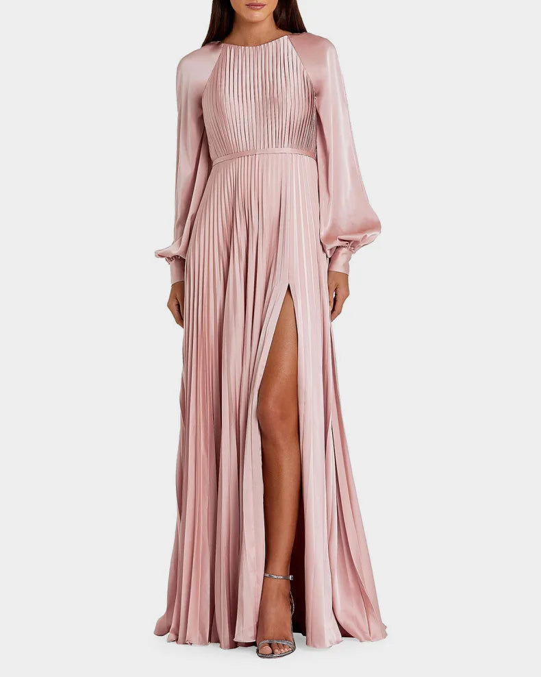 Elegant Modern Chic Blush Satin Pleated A-Line Silhouette Round Neck Balloon Sleeves High Side Slit Floor-Length with Sweep Train Evening Dress
