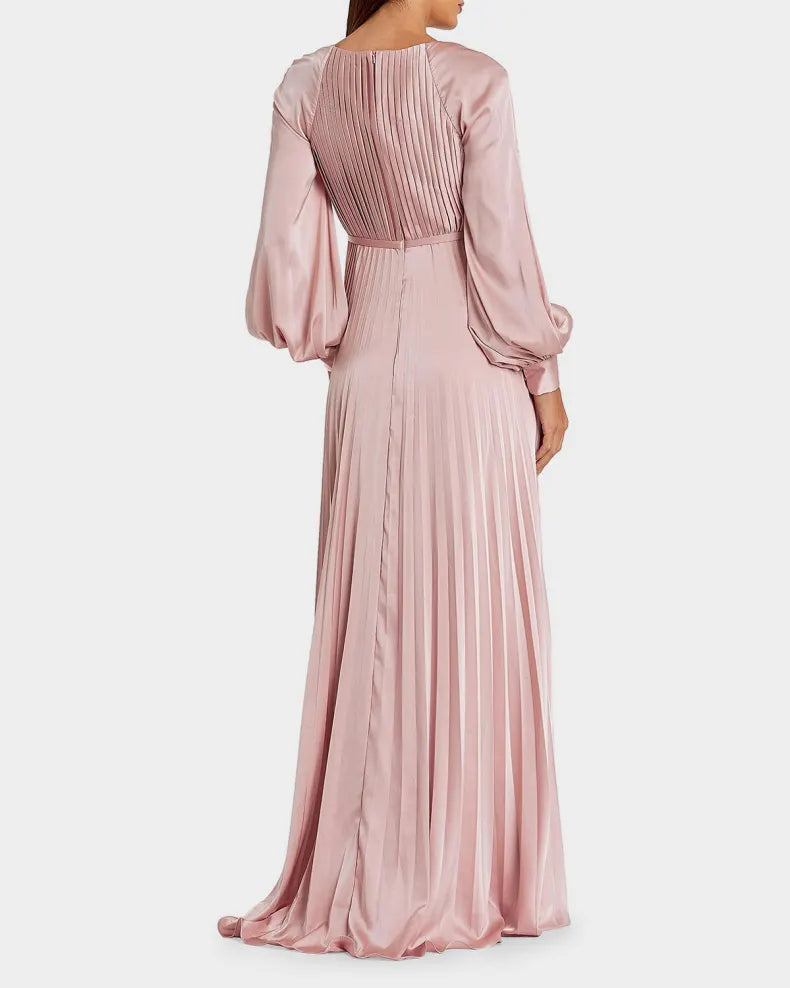 Elegant Modern Chic Blush Satin Pleated A-Line Silhouette Round Neck Balloon Sleeves High Side Slit Floor-Length with Sweep Train Evening Dress