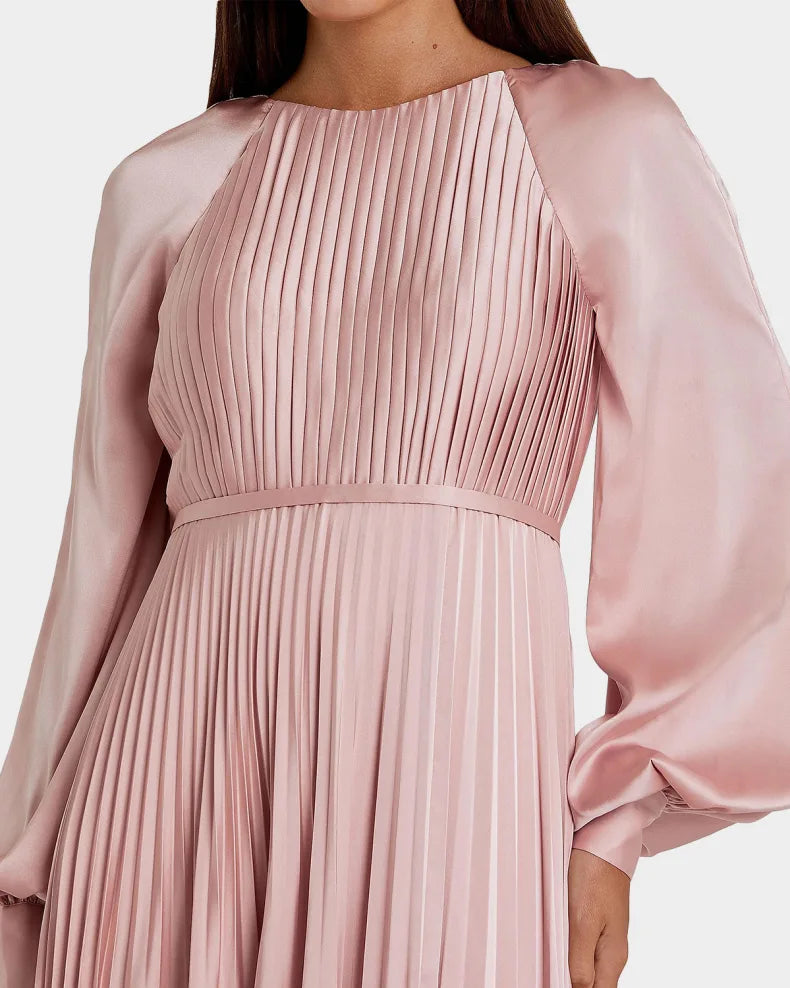 Elegant Modern Chic Blush Satin Pleated A-Line Silhouette Round Neck Balloon Sleeves High Side Slit Floor-Length with Sweep Train Evening Dress