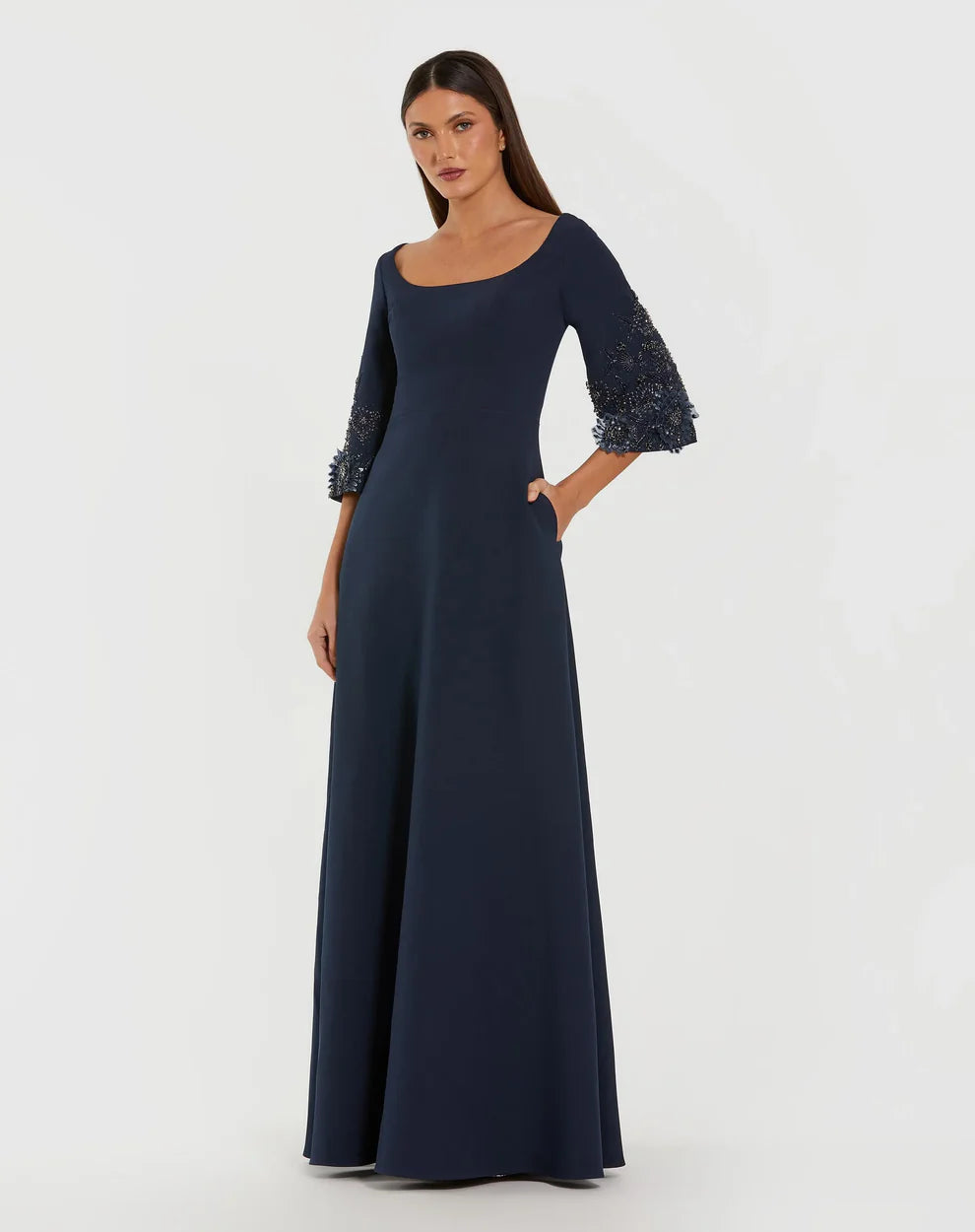 Elegant Navy A-Line Gown Square Neck Elbow Sleeves Zipper Back Floor-Length Evening Dresses