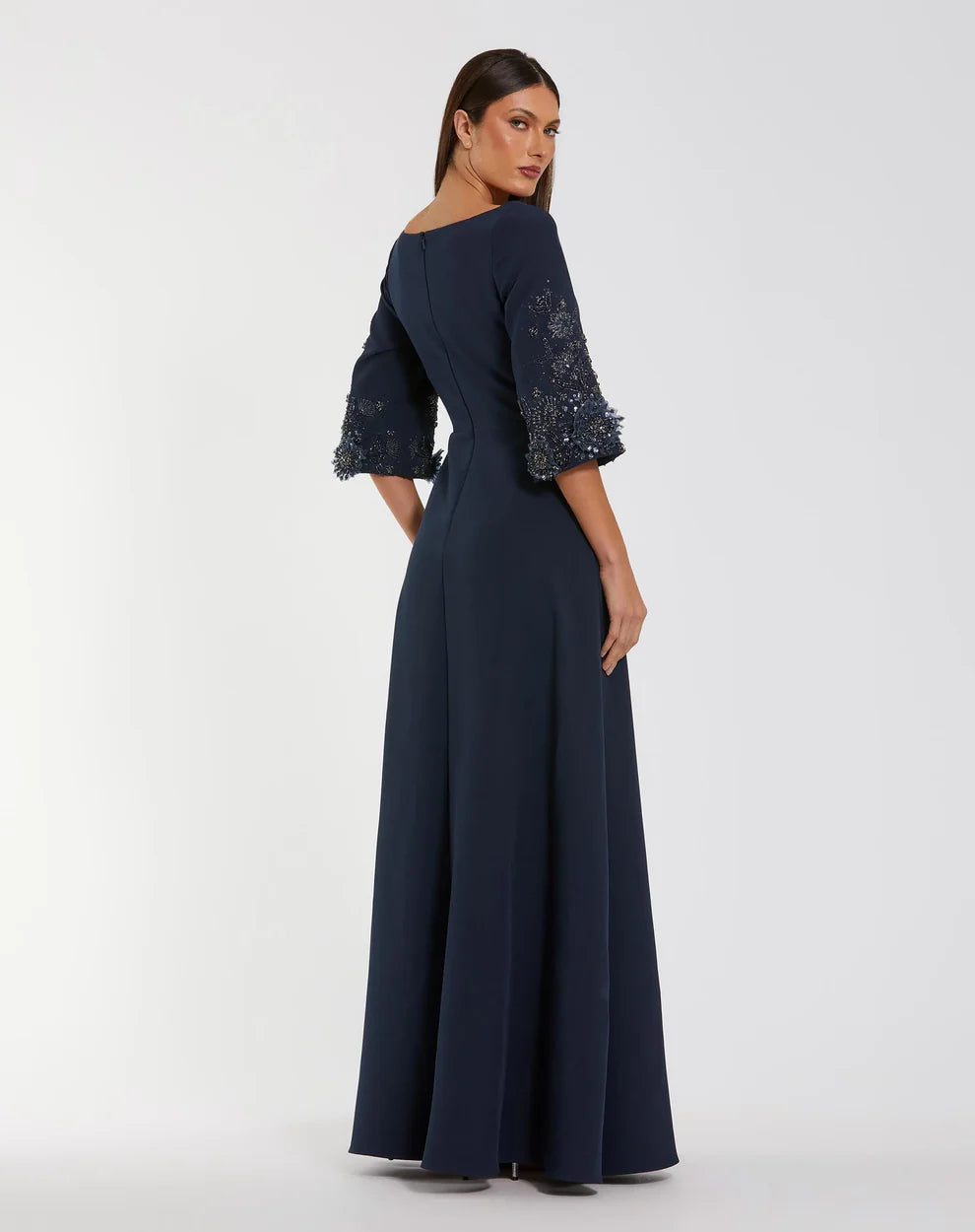 Elegant Navy A-Line Gown Square Neck Elbow Sleeves Zipper Back Floor-Length Evening Dresses