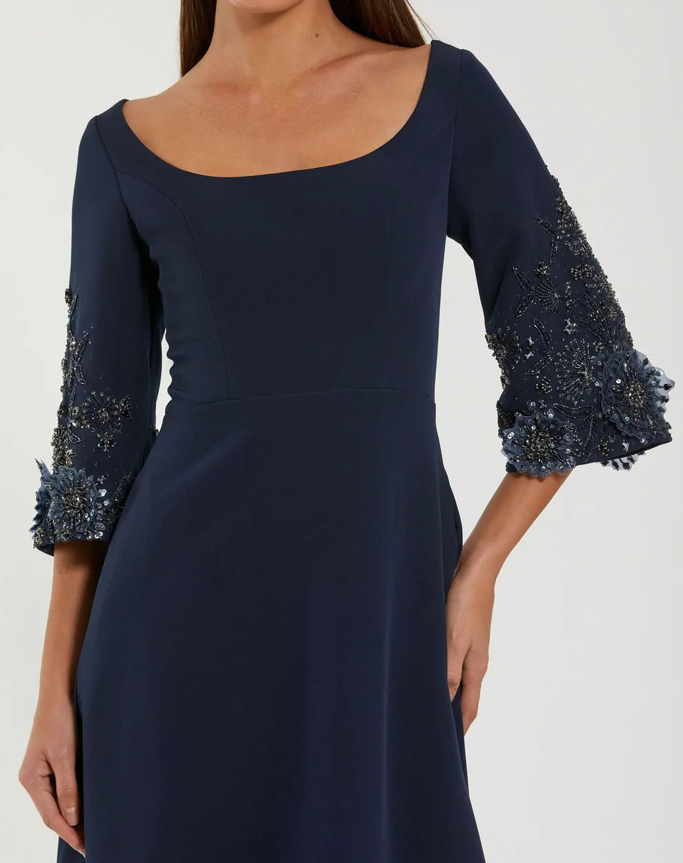 Elegant Navy A-Line Gown Square Neck Elbow Sleeves Zipper Back Floor-Length Evening Dresses