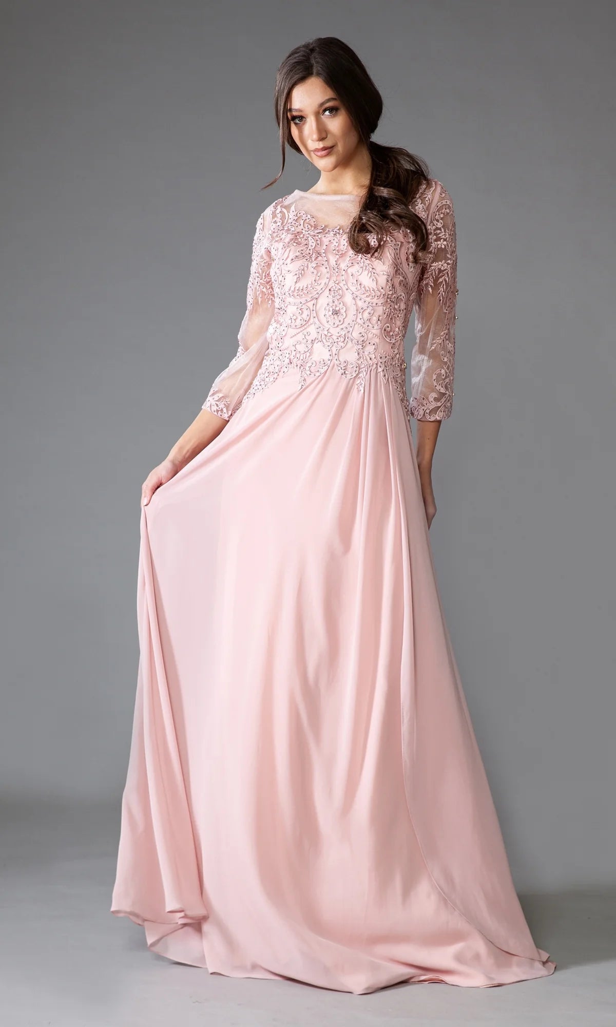 Elegant Navy Blue Chiffon A-Line Bateau Neck 3/4 Sleeve Lace Applique Mother of the Bride Dresses