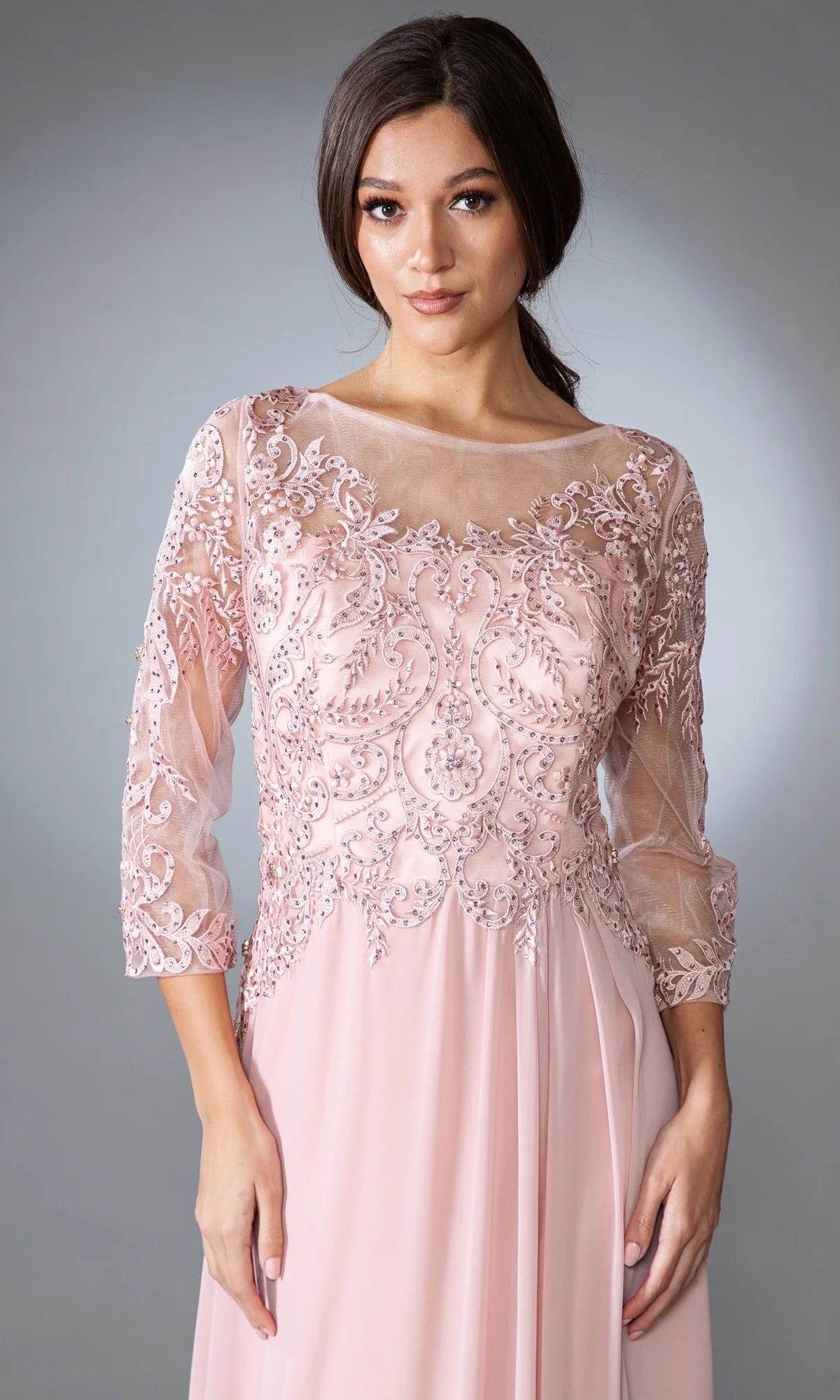 Elegant Navy Blue Chiffon A-Line Bateau Neck 3/4 Sleeve Lace Applique Mother of the Bride Dresses