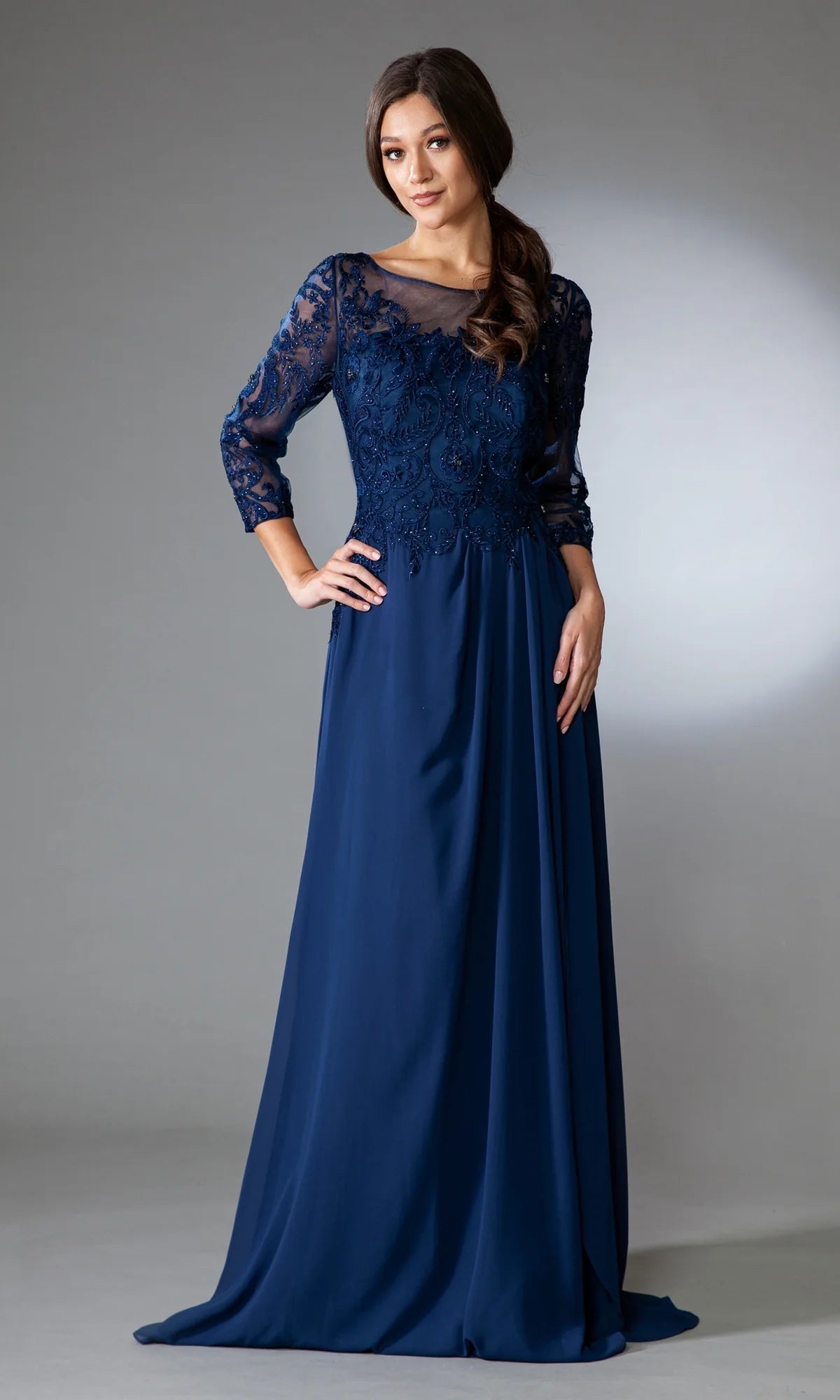 Elegant Navy Blue Chiffon A-Line Bateau Neck 3/4 Sleeve Lace Applique Mother of the Bride Dresses