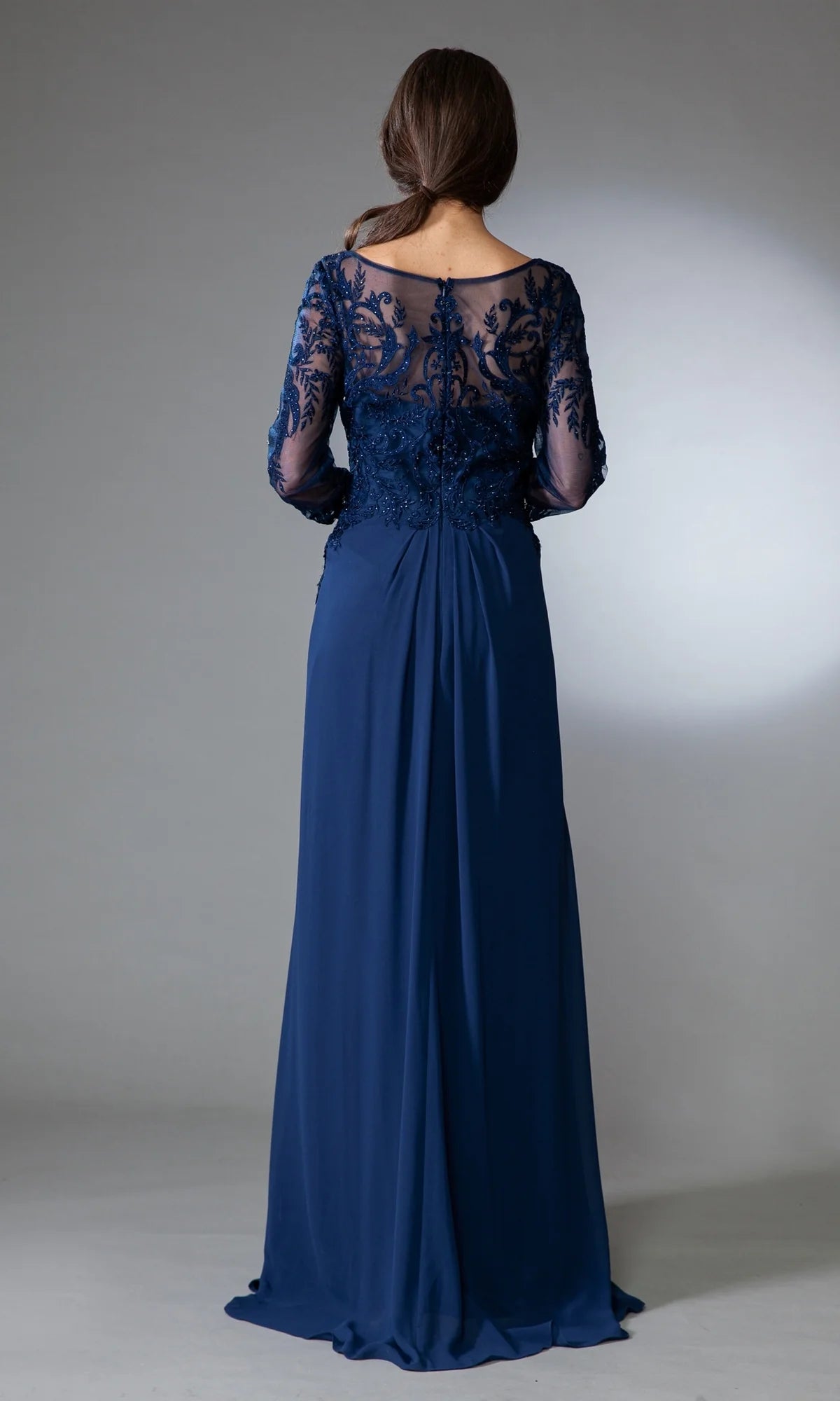 Elegant Navy Blue Chiffon A-Line Bateau Neck 3/4 Sleeve Lace Applique Mother of the Bride Dresses