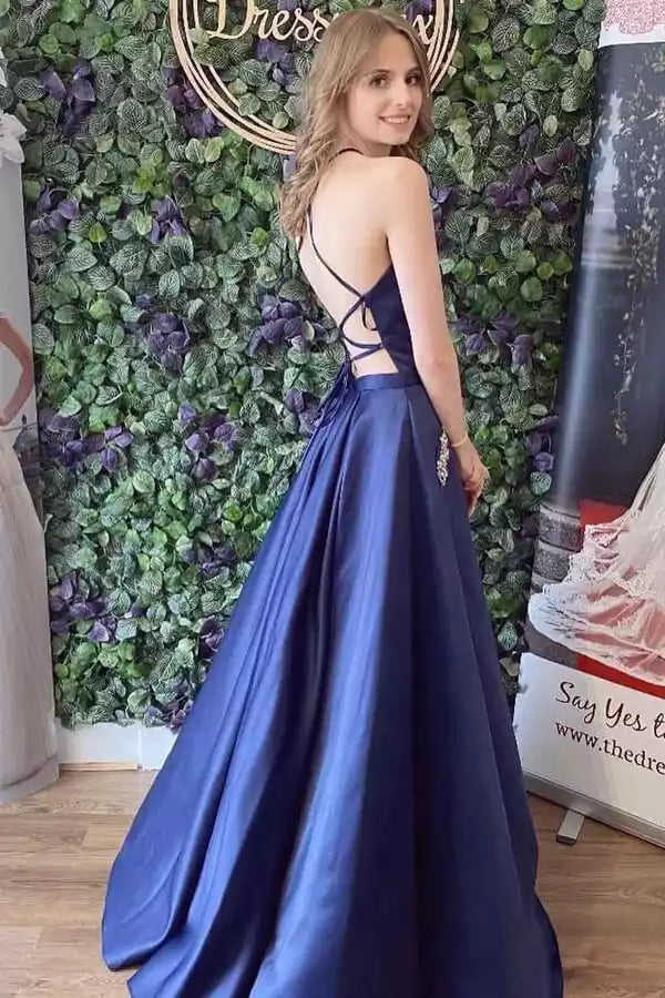 Elegant Navy Blue Satin A-Line Gown with Halter Neck & Lace-Up Back
