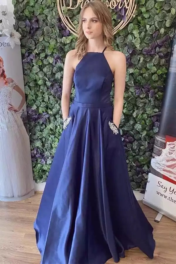 Elegant Navy Blue Satin A-Line Gown with Halter Neck & Lace-Up Back