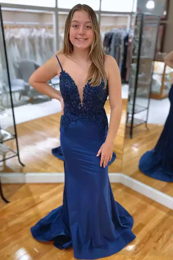 Elegant Navy Blue Satin Mermaid Gown with Lace Bodice & Criss-Cross Back