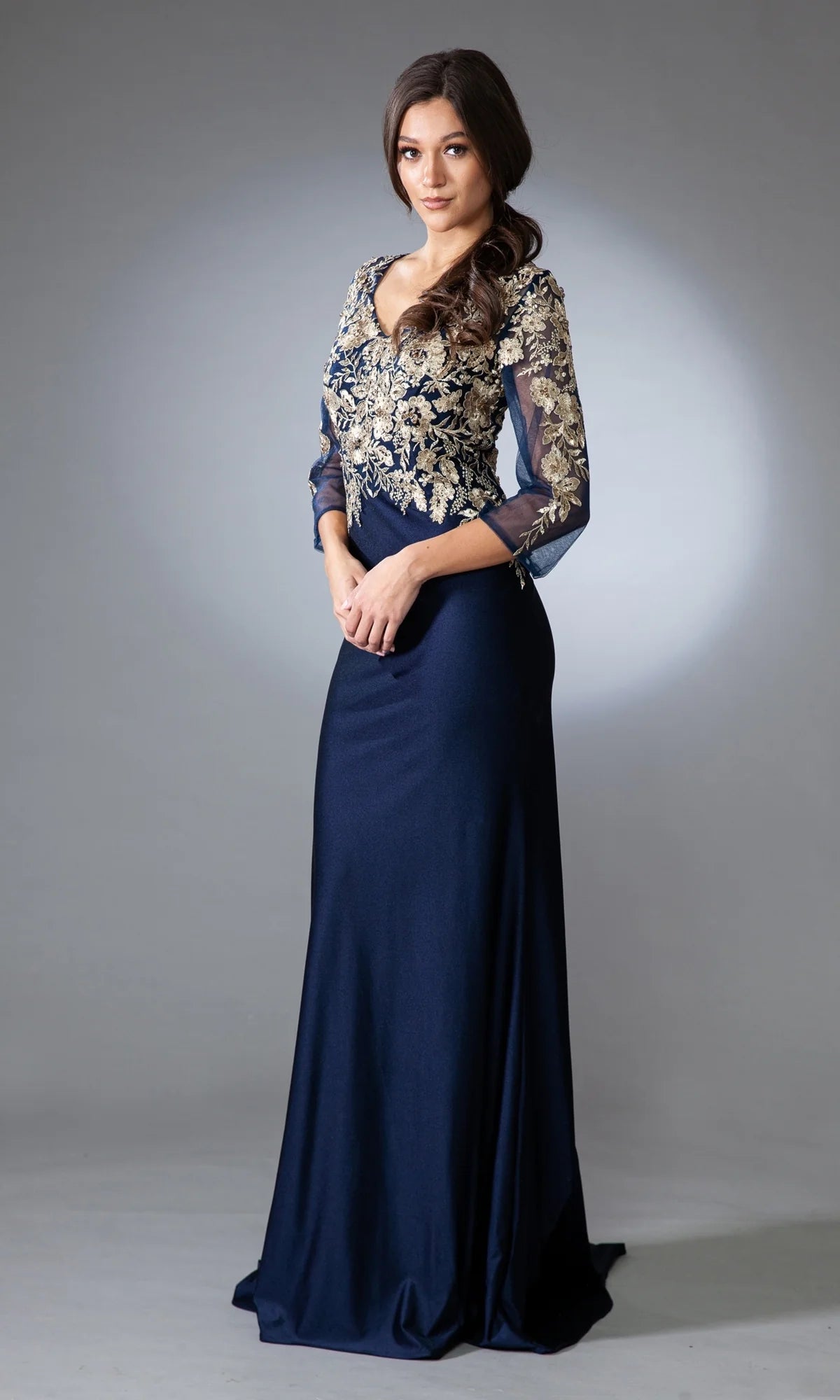 Elegant Navy Blue Satin Mermaid V-Neck 3/4 Sleeve Gold Lace Applique Mother of the Bride Dresses