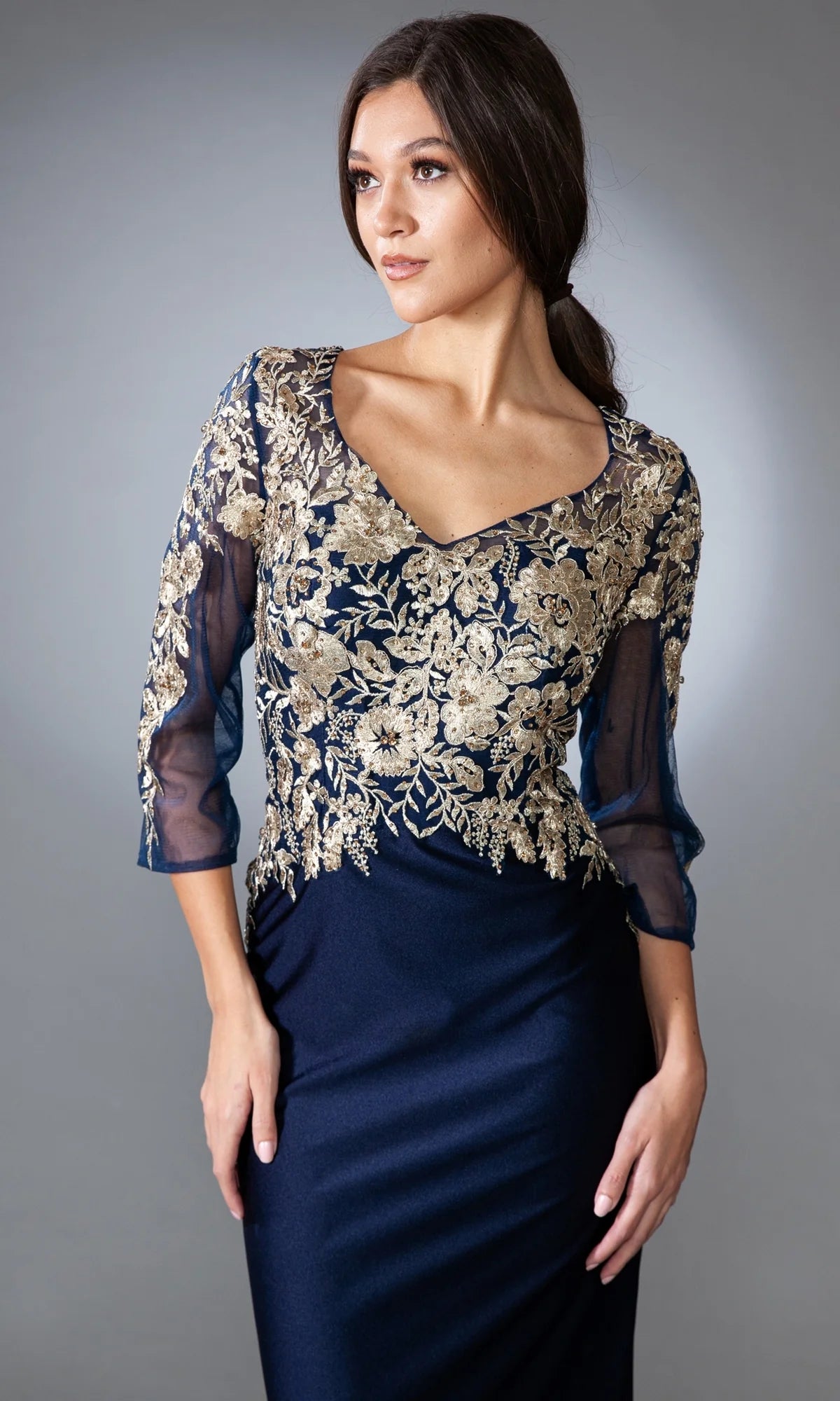 Elegant Navy Blue Satin Mermaid V-Neck 3/4 Sleeve Gold Lace Applique Mother of the Bride Dresses