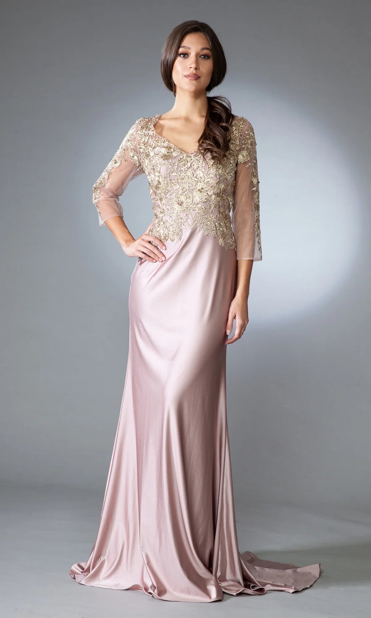 Elegant Navy Blue Satin Mermaid V-Neck 3/4 Sleeve Gold Lace Applique Mother of the Bride Dresses