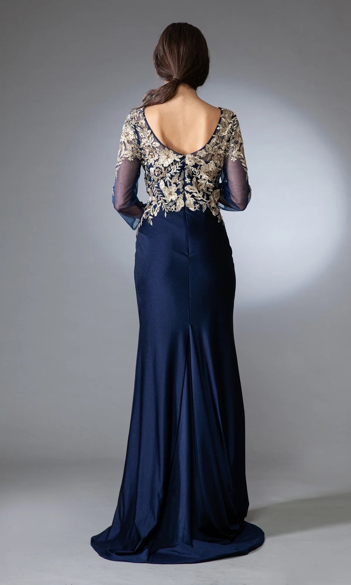 Elegant Navy Blue Satin Mermaid V-Neck 3/4 Sleeve Gold Lace Applique Mother of the Bride Dresses