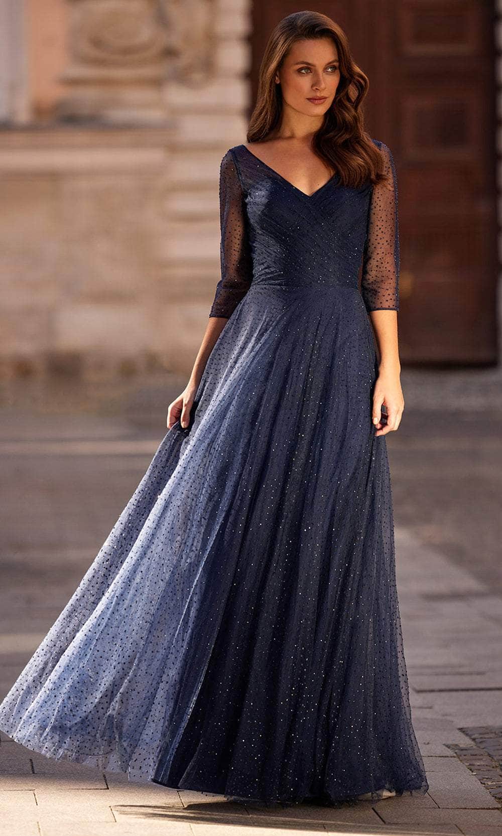 Elegant Navy Blue Tulle A-Line V-Neck 3/4 Sleeve Beaded Mother of the Bride Dresses