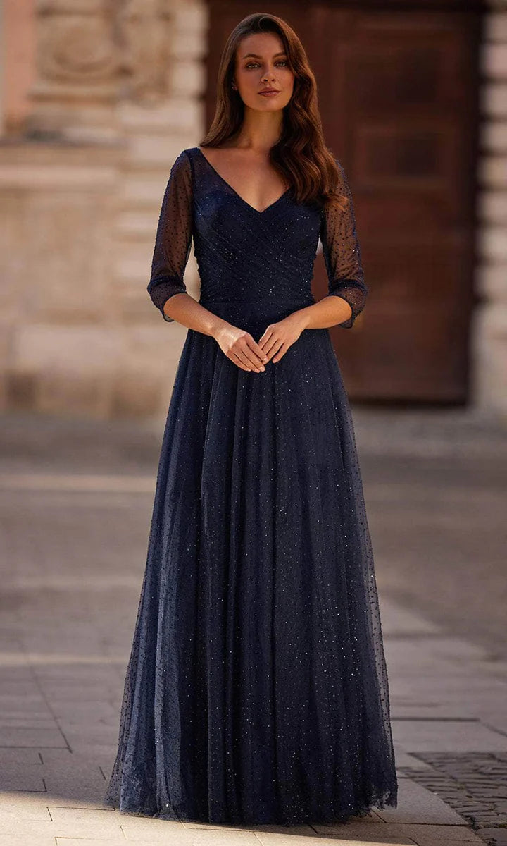 Elegant Navy Blue Tulle A-Line V-Neck 3/4 Sleeve Beaded Mother of the Bride Dresses