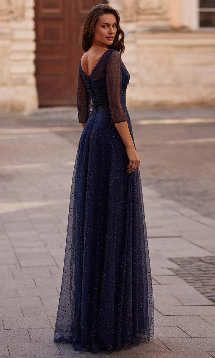 Elegant Navy Blue Tulle A-Line V-Neck 3/4 Sleeve Beaded Mother of the Bride Dresses