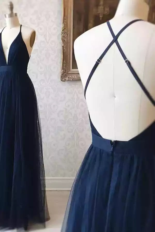 Elegant Navy Blue Tulle Gown with Plunge V-Neck & Crisscross Back