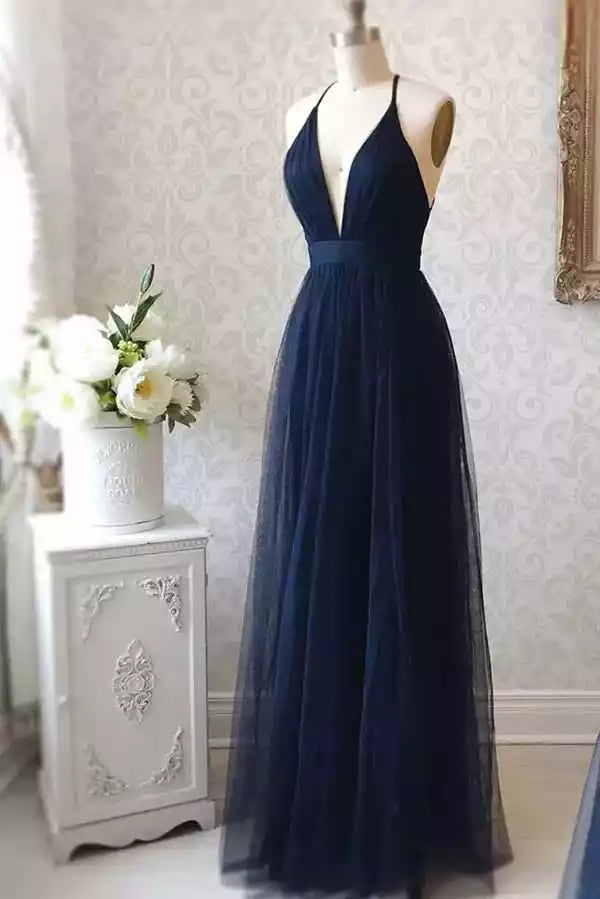 Elegant Navy Blue Tulle Gown with Plunge V-Neck & Crisscross Back