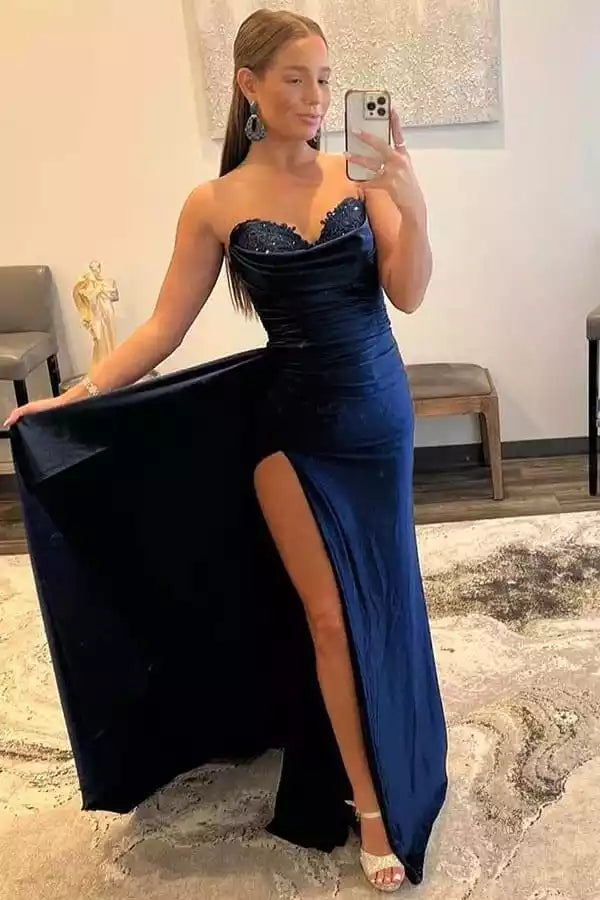 Elegant Navy Blue Velvet & Satin Mermaid Gown with Sweetheart Neck & Open Back