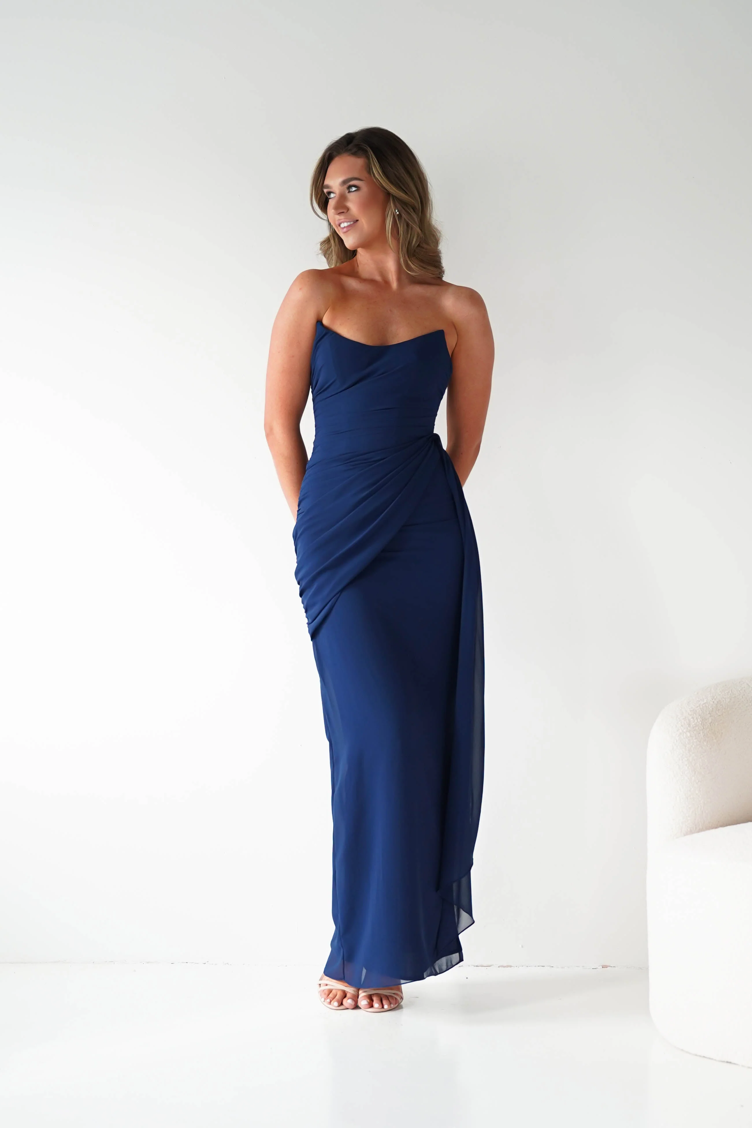 Elegant Navy Chiffon Strapless Ruched Lace-Up Back Draped Mermaid Evening Dresses