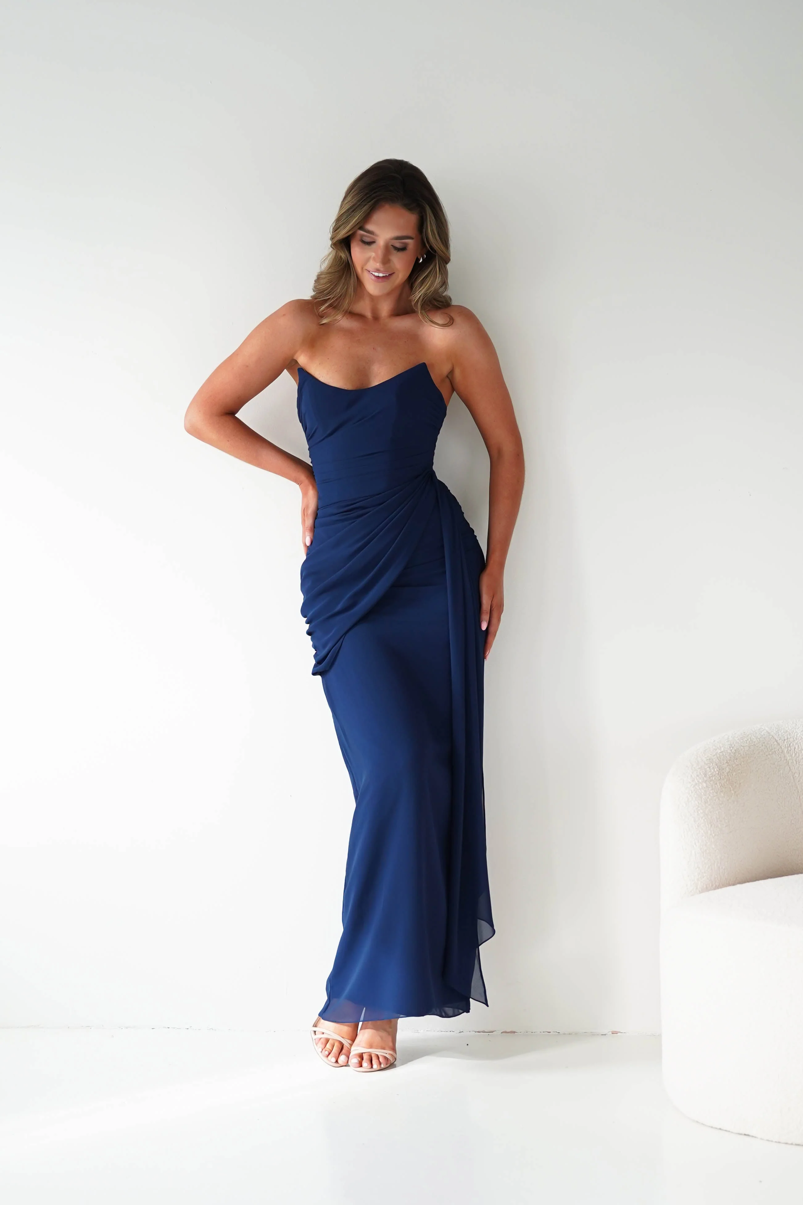 Elegant Navy Chiffon Strapless Ruched Lace-Up Back Draped Mermaid Evening Dresses
