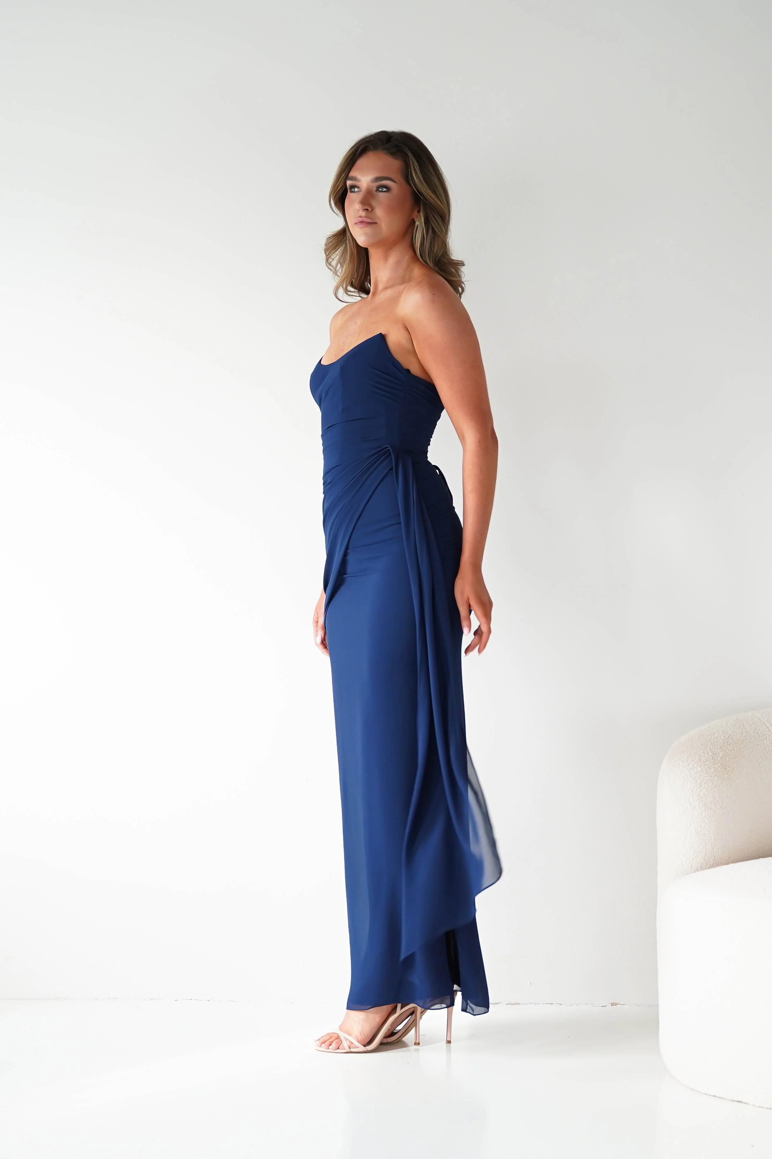 Elegant Navy Chiffon Strapless Ruched Lace-Up Back Draped Mermaid Evening Dresses