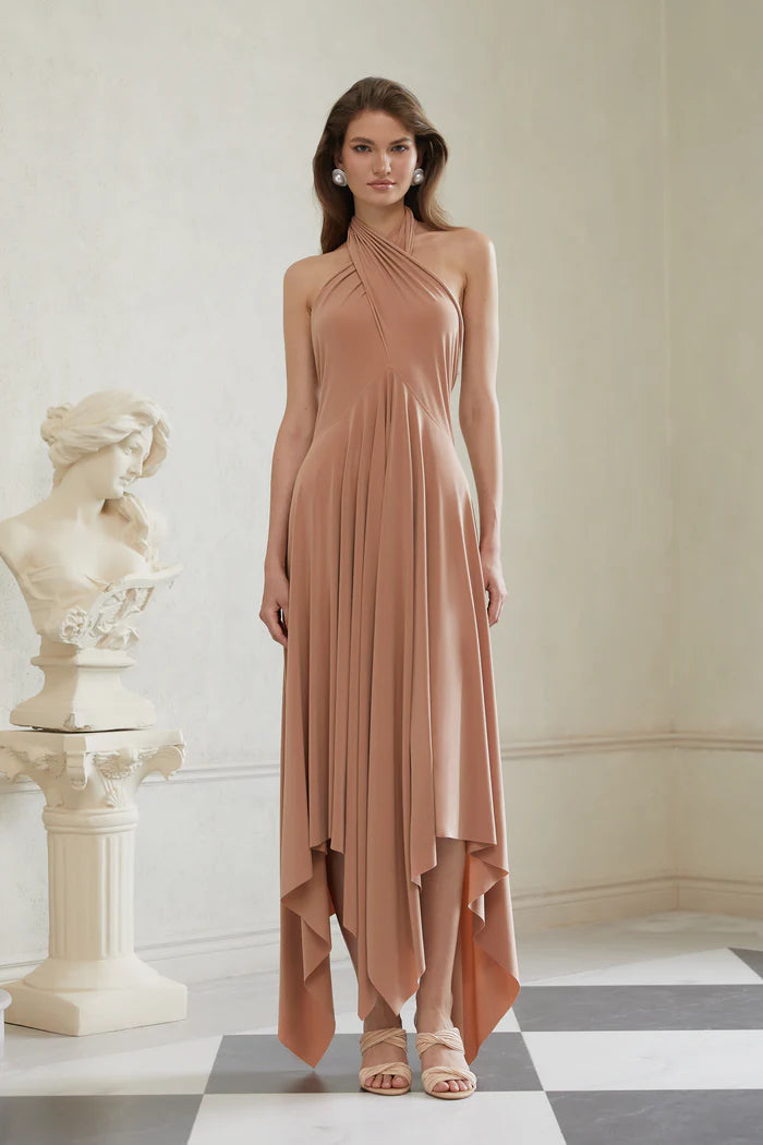 Elegant Nude Halter Asymmetrical Open Back Floor Length Evening Dresses