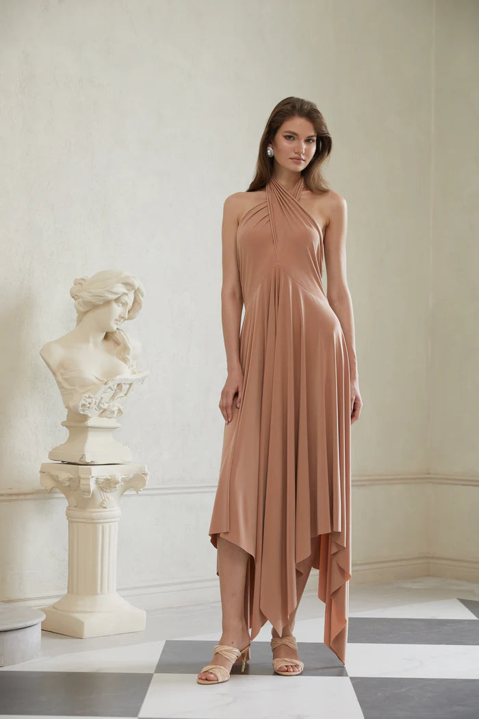 Elegant Nude Halter Asymmetrical Open Back Floor Length Evening Dresses