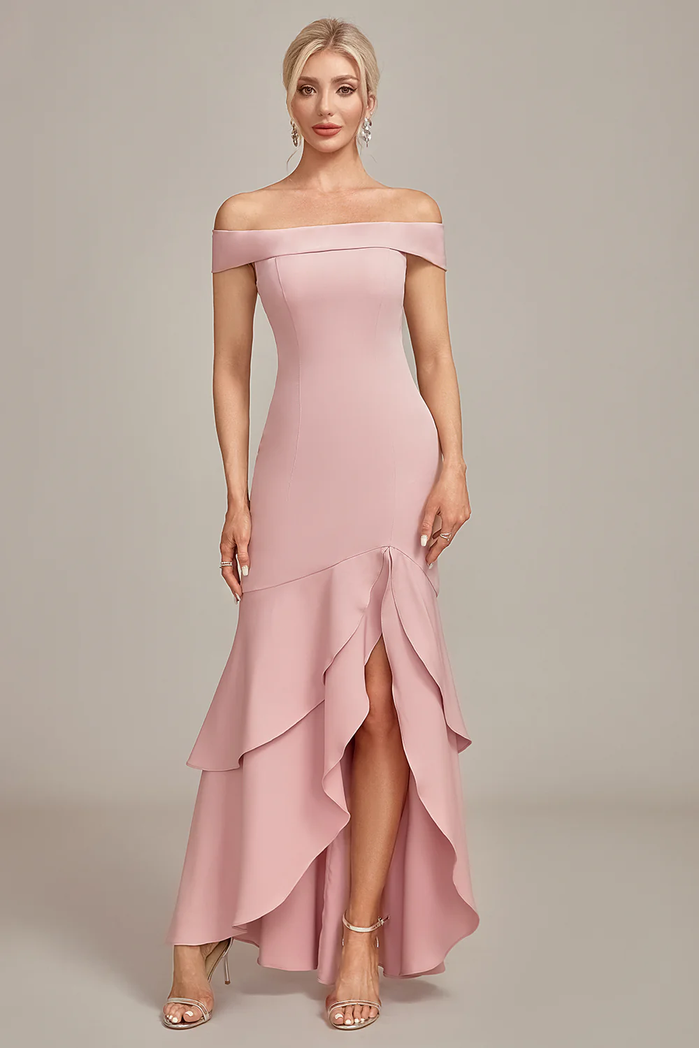 Elegant Off-Shoulder Mermaid Ruffle High-Slit Floor-Length Mother of the Bride Dress