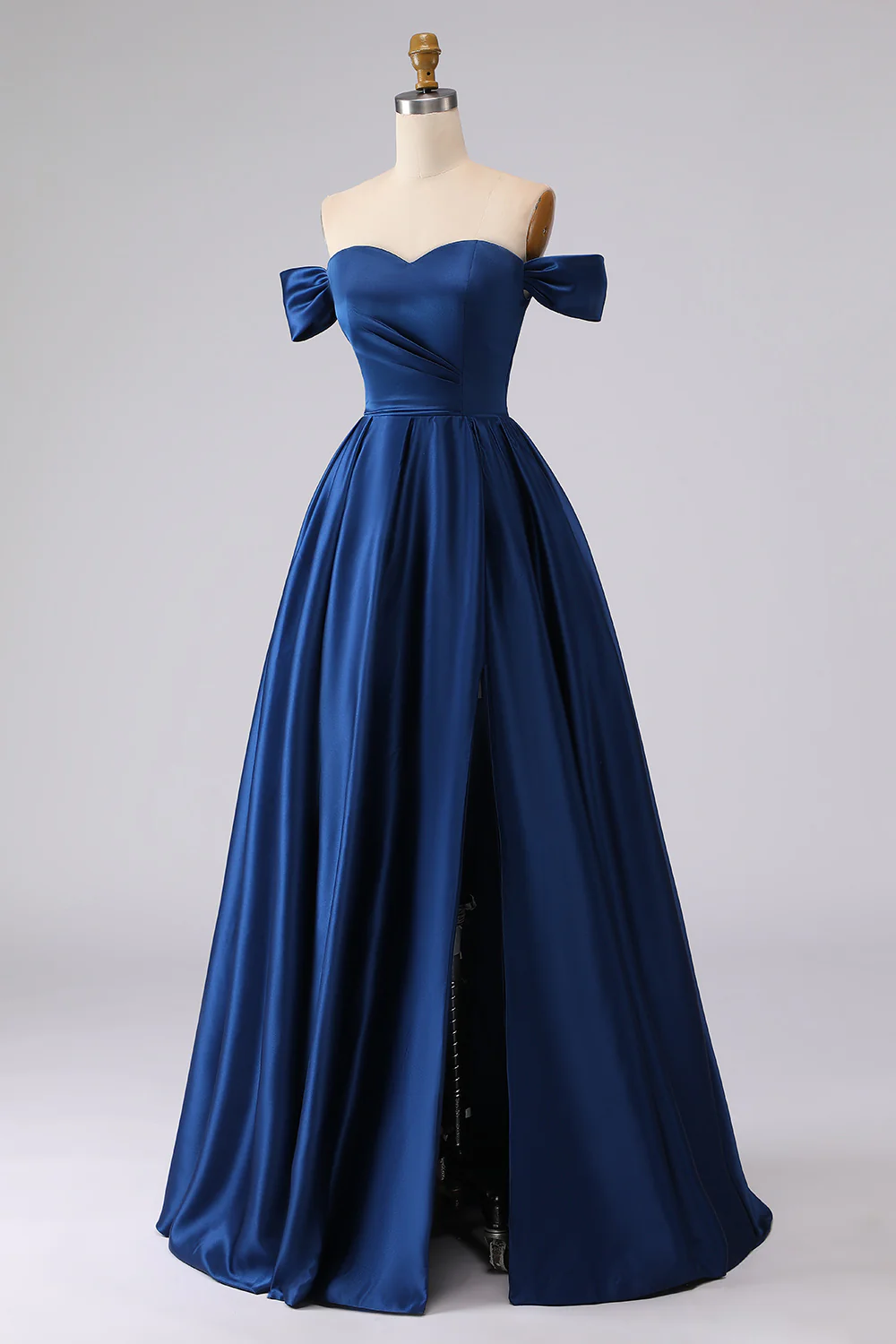 Elegant Off-Shoulder Satin Evening Dress with Bow Accent, Ruched Waist and High Slit for Formal Occasions