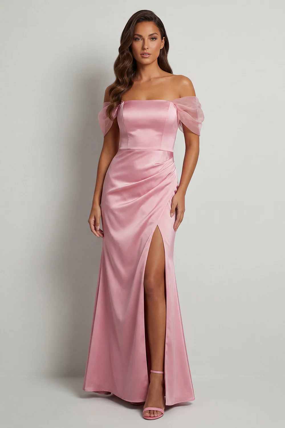 Elegant Off-Shoulder Satin Puff Sleeve Slit Mermaid Mother of the Bride Dress