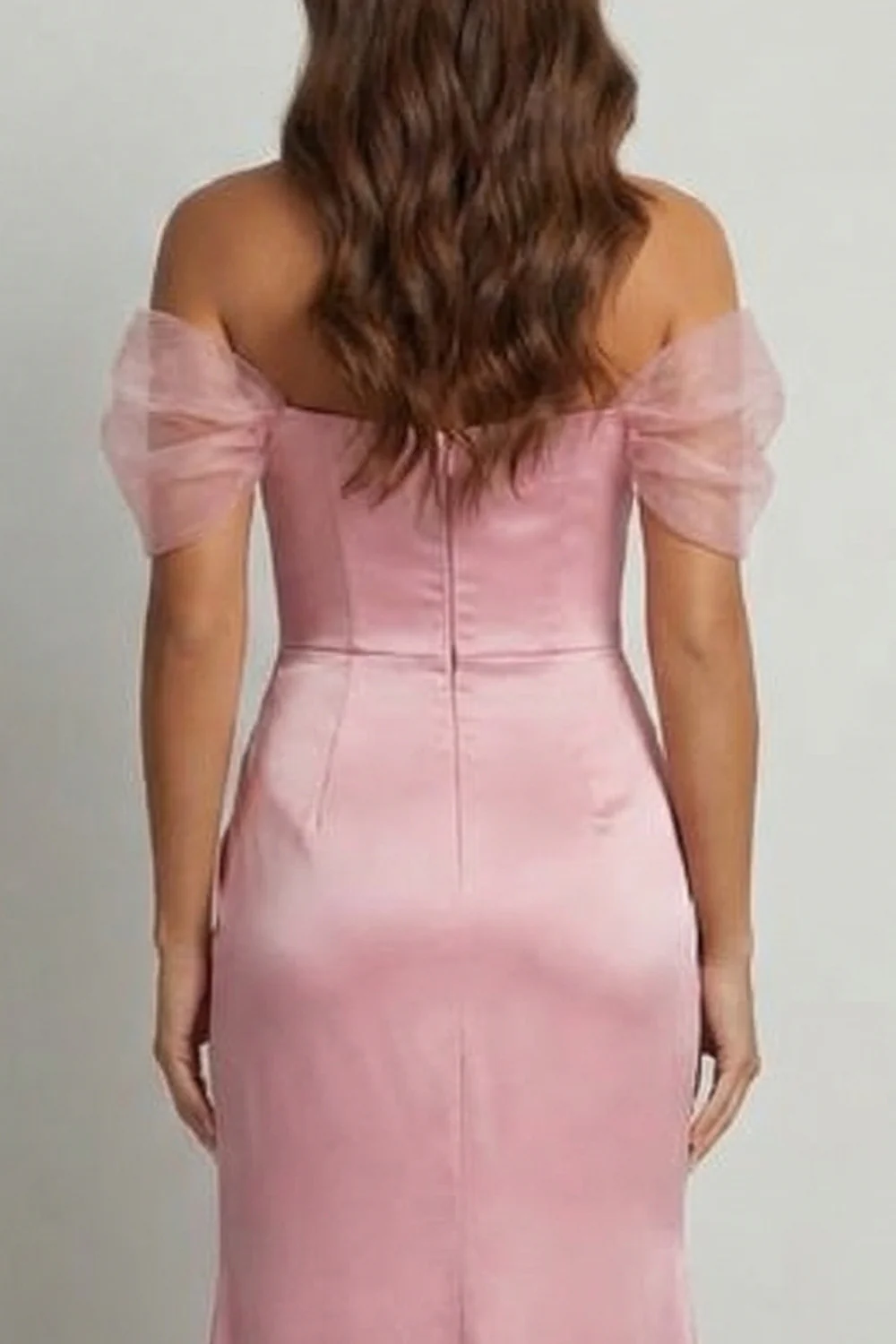 Elegant Off-Shoulder Satin Puff Sleeve Slit Mermaid Mother of the Bride Dress