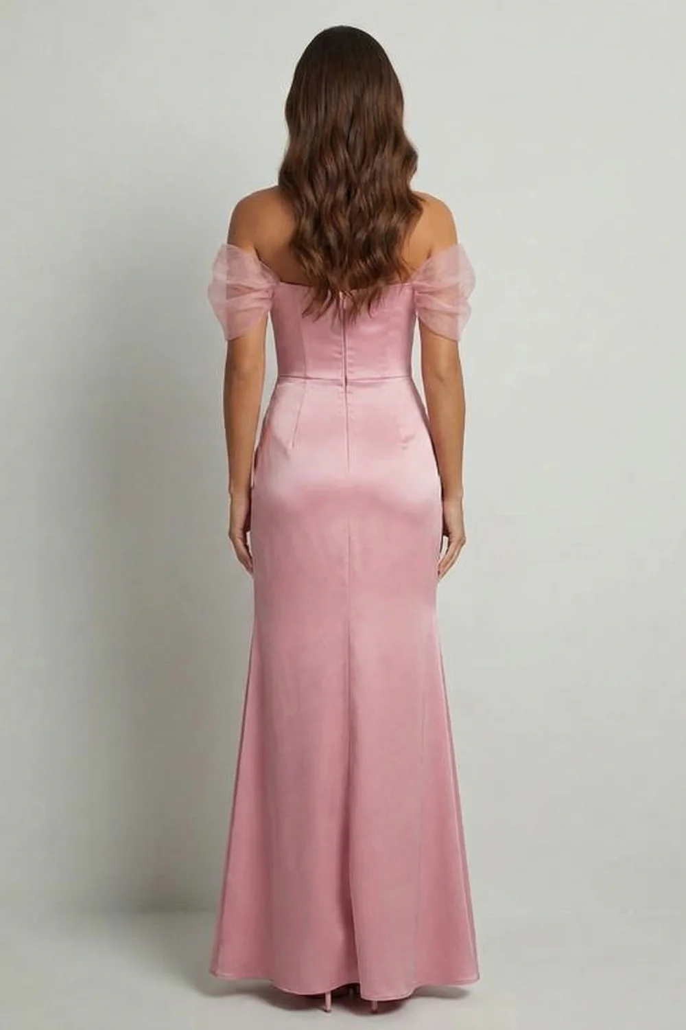 Elegant Off-Shoulder Satin Puff Sleeve Slit Mermaid Mother of the Bride Dress