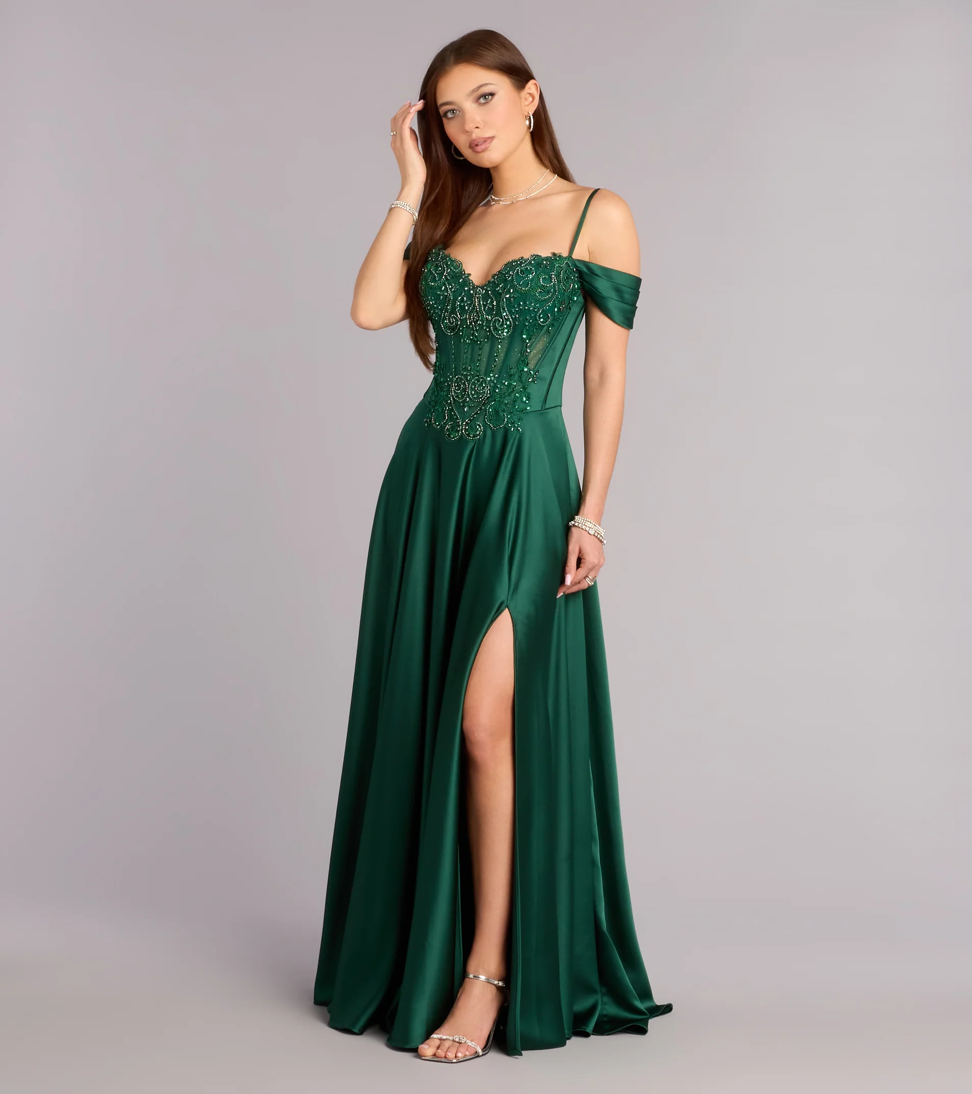 Elegant Off-the-Shoulder Beaded Corset Satin A-Line High Slit Lace-Up Back Pocket Prom Dress