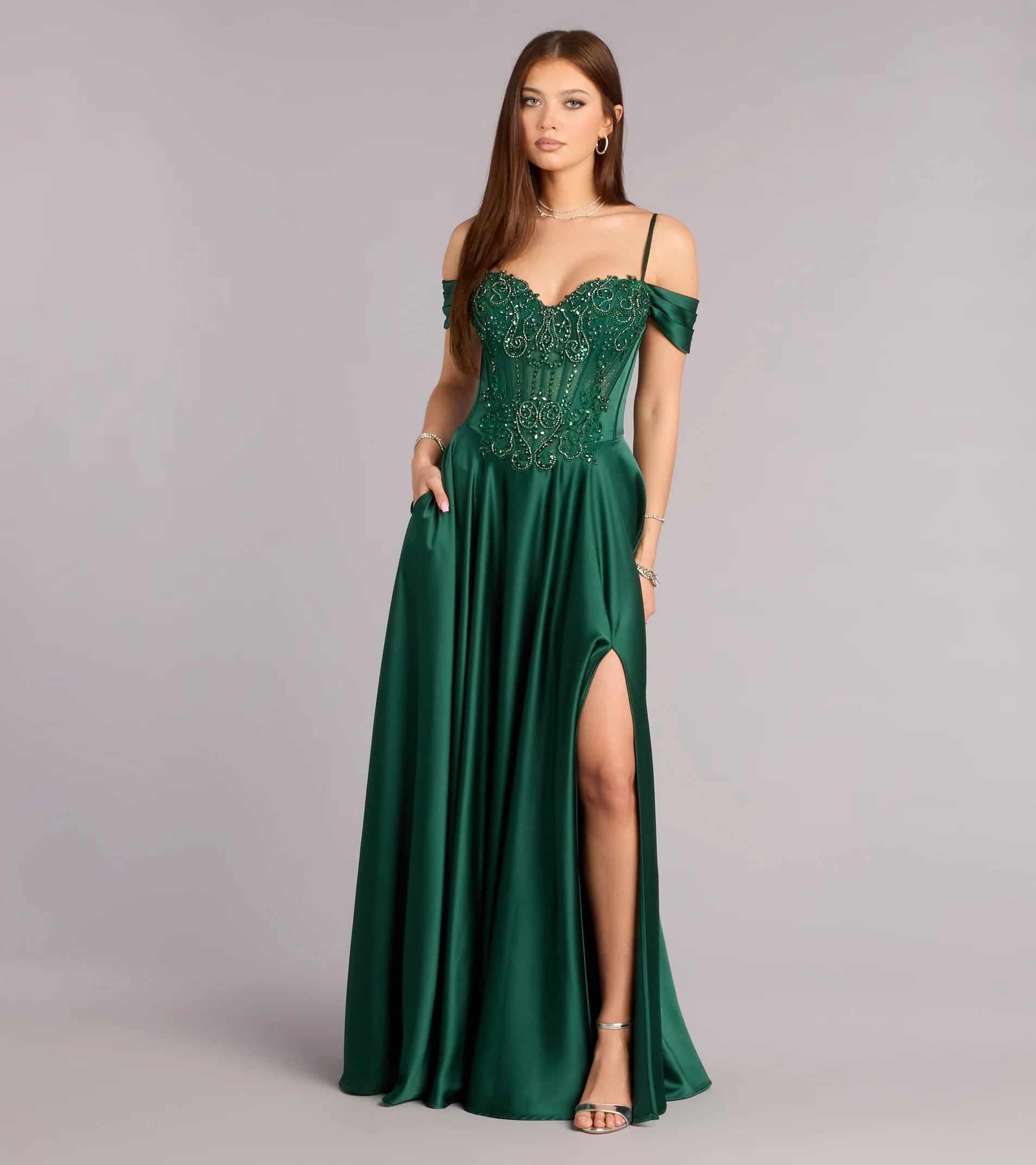 Elegant Off-the-Shoulder Beaded Corset Satin A-Line High Slit Lace-Up Back Pocket Prom Dress