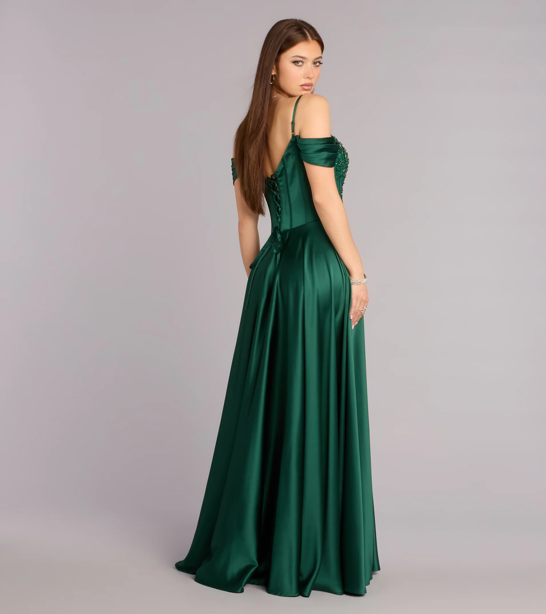 Elegant Off-the-Shoulder Beaded Corset Satin A-Line High Slit Lace-Up Back Pocket Prom Dress