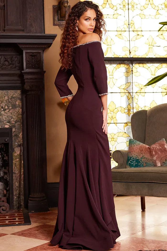 Elegant Off-the-Shoulder Evening Dresses with Rhinestone Trim Detail, Ruched Waist Accent, Cascading Ruffle Skirt and Form-Fitting Crepe Mermaid Maxi Silhouette Formal Gown