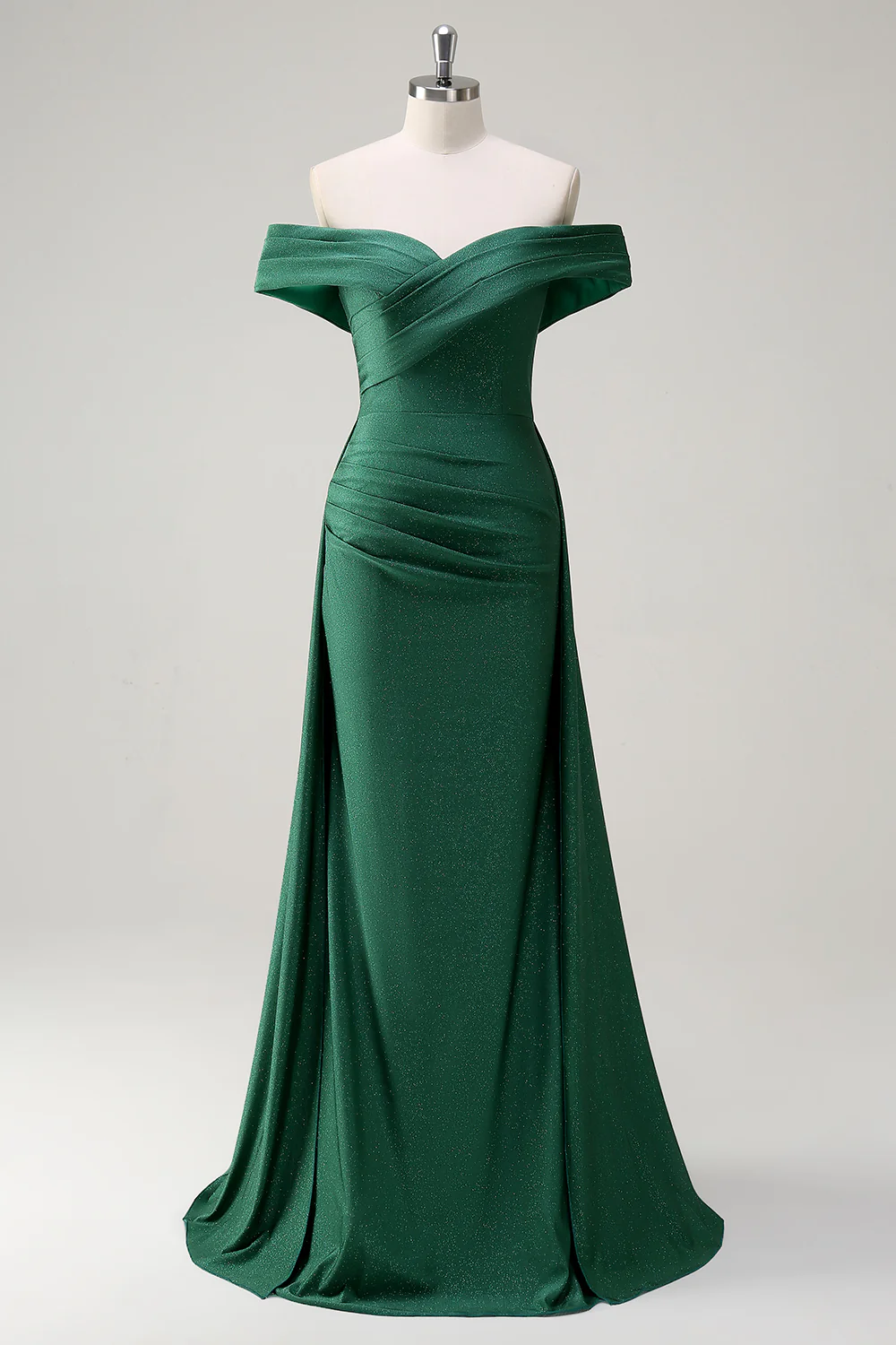 Elegant Off-the-Shoulder Evening Dress with Shimmering Fabric and Side Ruched Detail