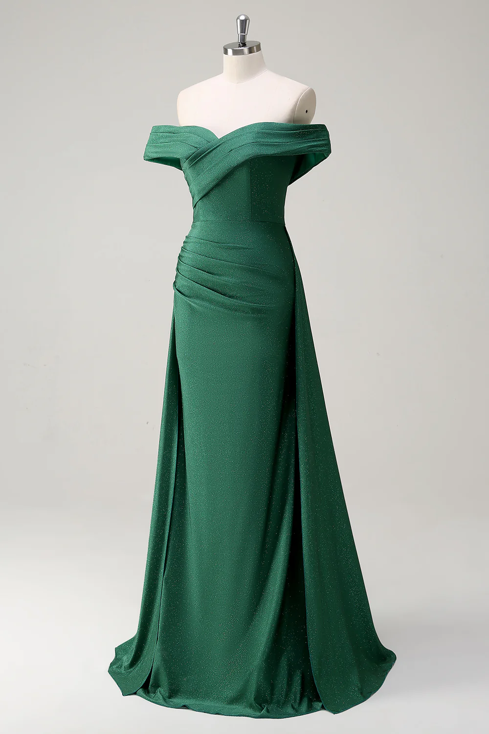 Elegant Off-the-Shoulder Evening Dress with Shimmering Fabric and Side Ruched Detail