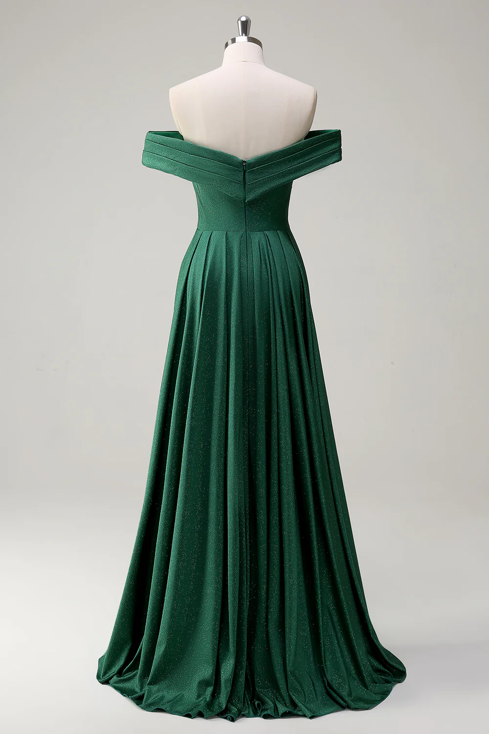 Elegant Off-the-Shoulder Evening Dress with Shimmering Fabric and Side Ruched Detail
