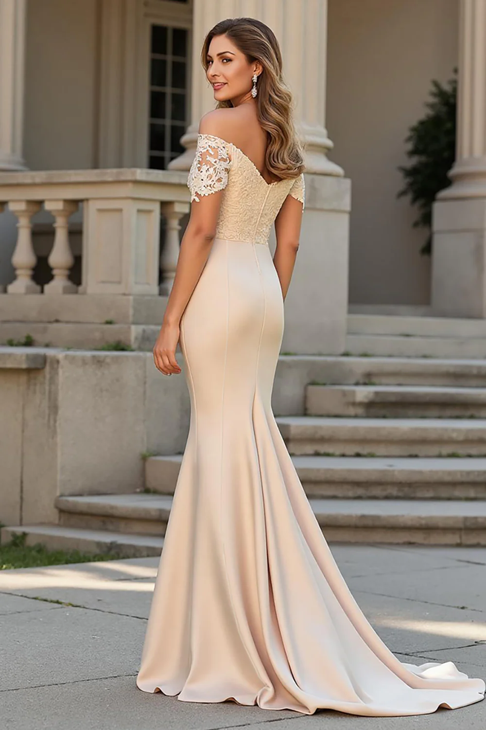 Elegant Off-the-Shoulder Lace Bodice Ruched Waist Satin Mermaid Train Mother of the Bride Dress