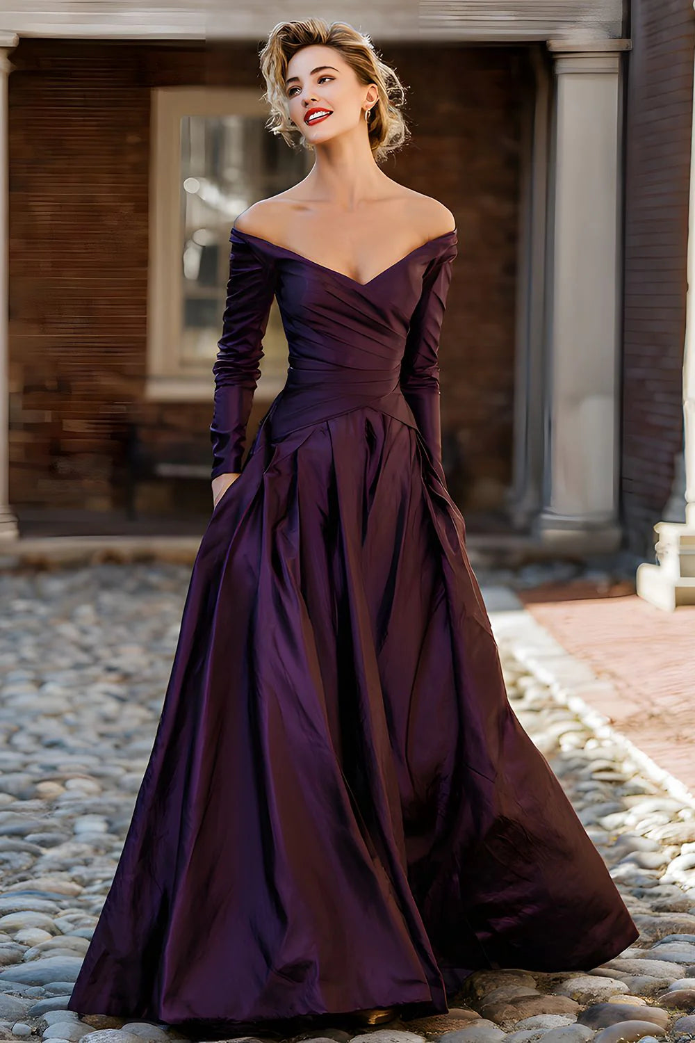 Elegant Off-the-Shoulder Long Sleeve Ruched Satin Ball Gown Mother of the Bride Dress