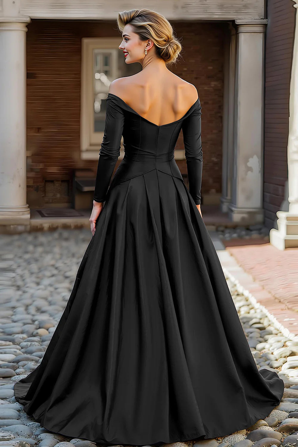 Elegant Off-the-Shoulder Long Sleeve Ruched Satin Ball Gown Mother of the Bride Dress