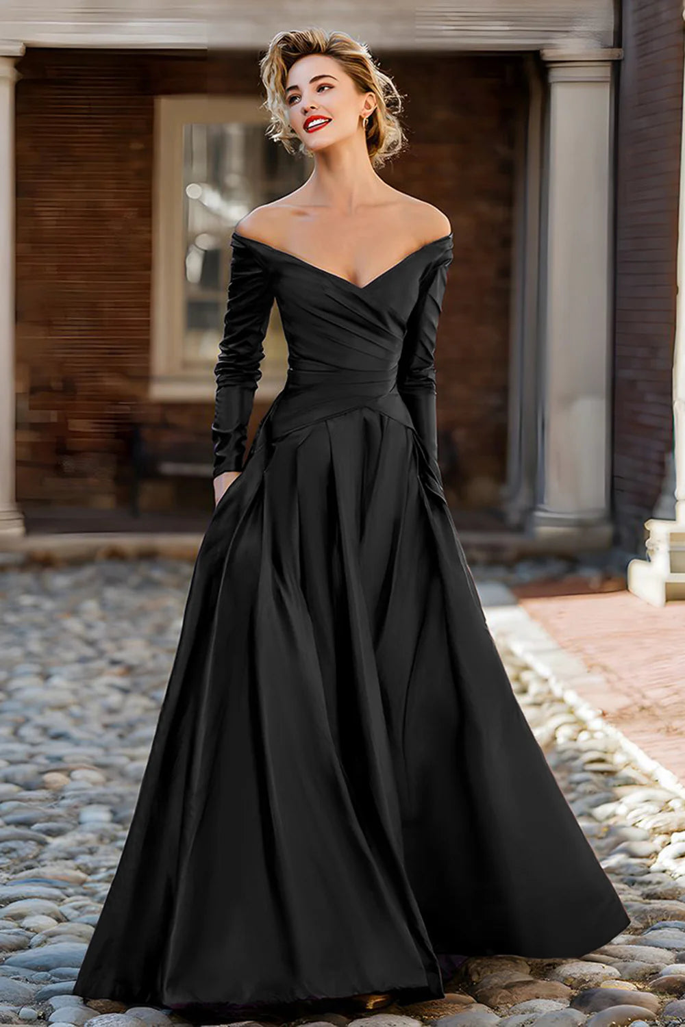 Elegant Off-the-Shoulder Long Sleeve Ruched Satin Ball Gown Mother of the Bride Dress