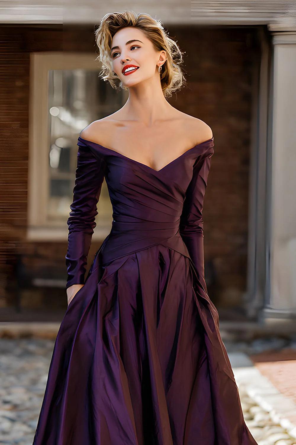 Elegant Off-the-Shoulder Long Sleeve Ruched Satin Ball Gown Mother of the Bride Dress