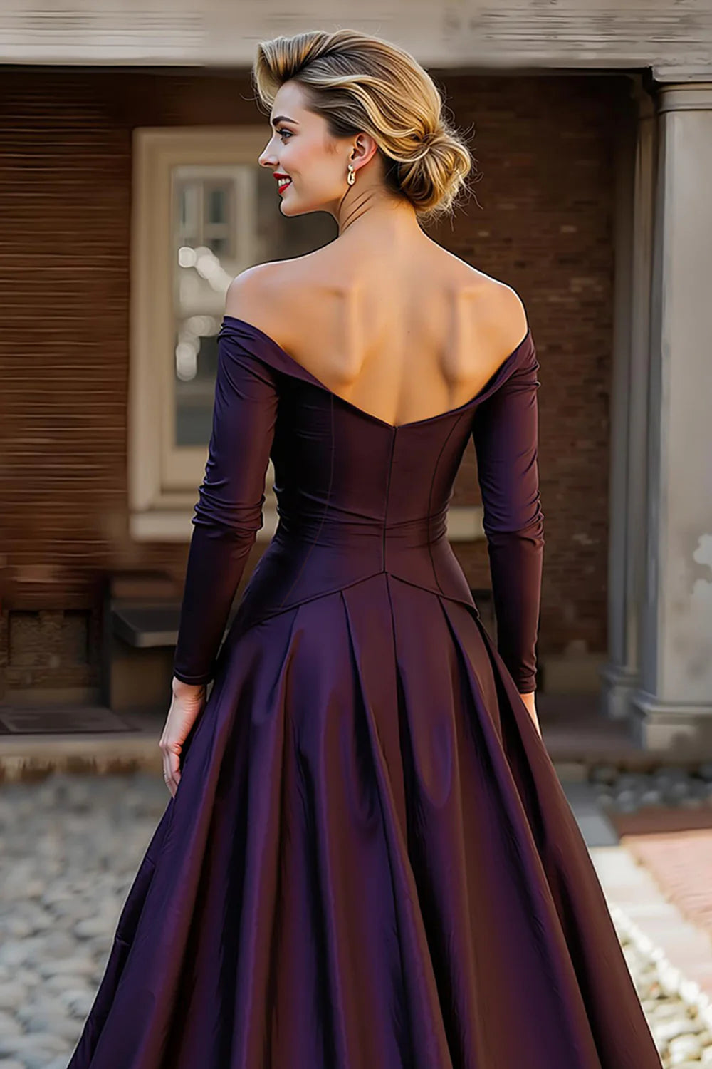 Elegant Off-the-Shoulder Long Sleeve Ruched Satin Ball Gown Mother of the Bride Dress