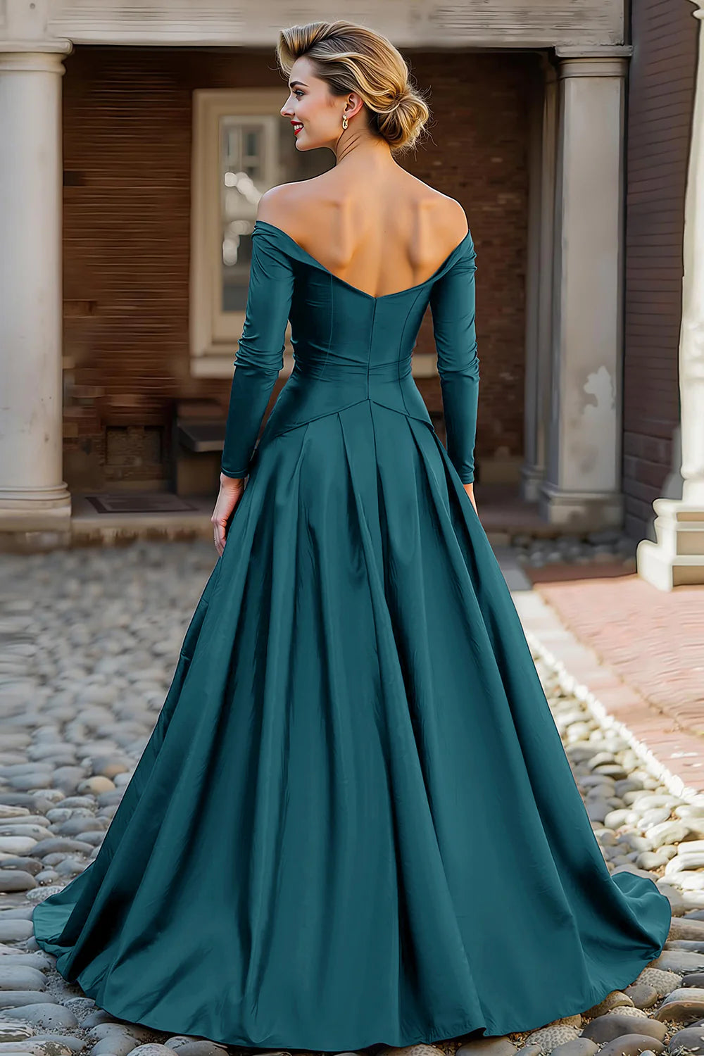 Elegant Off-the-Shoulder Long Sleeve Ruched Satin Ball Gown Mother of the Bride Dress