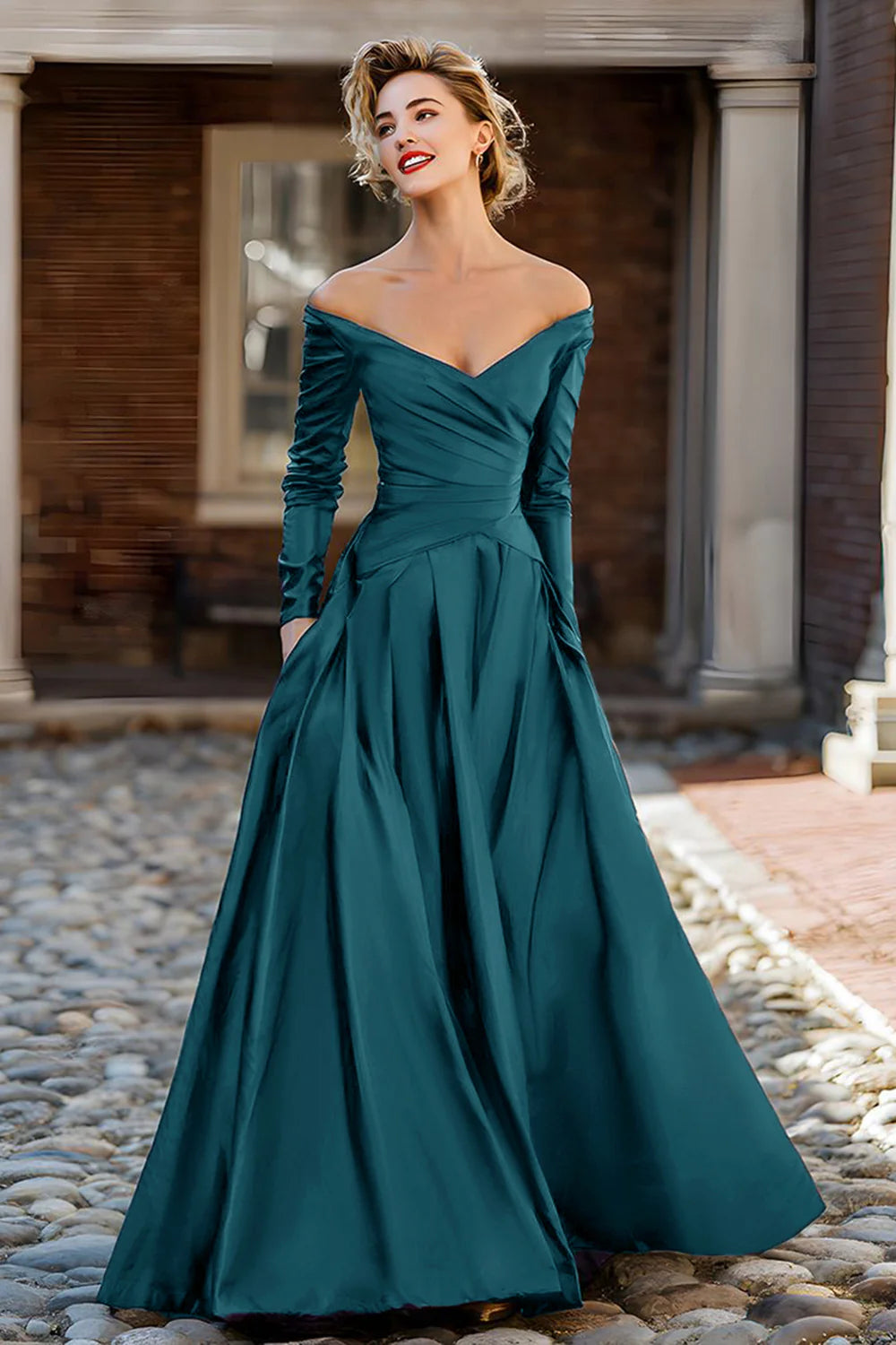 Elegant Off-the-Shoulder Long Sleeve Ruched Satin Ball Gown Mother of the Bride Dress