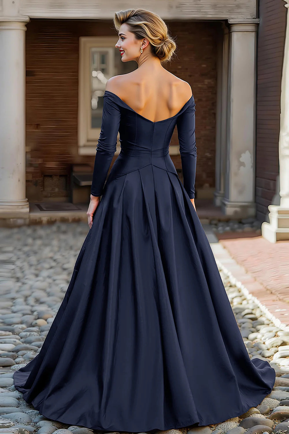 Elegant Off-the-Shoulder Long Sleeve Ruched Satin Ball Gown Mother of the Bride Dress