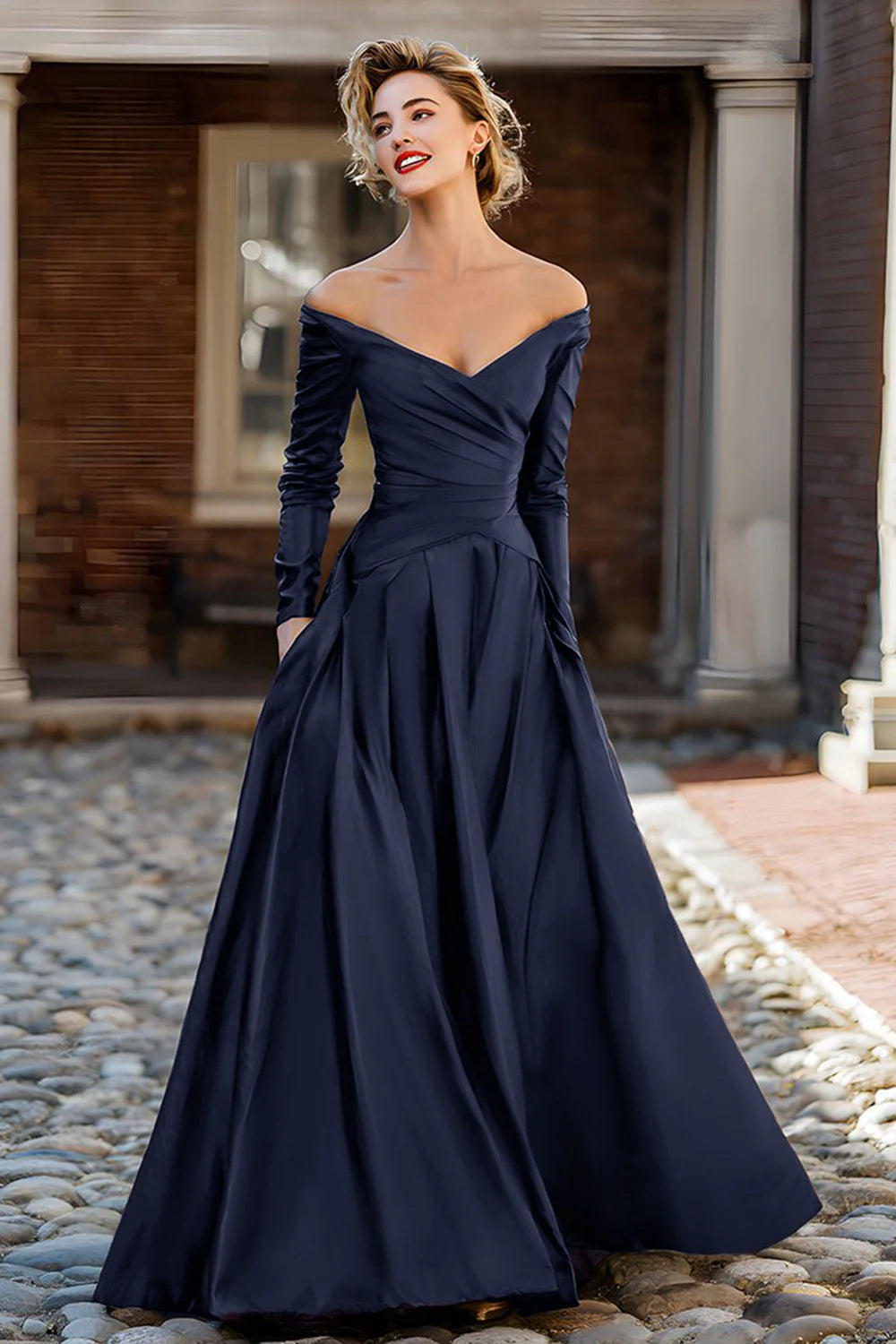 Elegant Off-the-Shoulder Long Sleeve Ruched Satin Ball Gown Mother of the Bride Dress